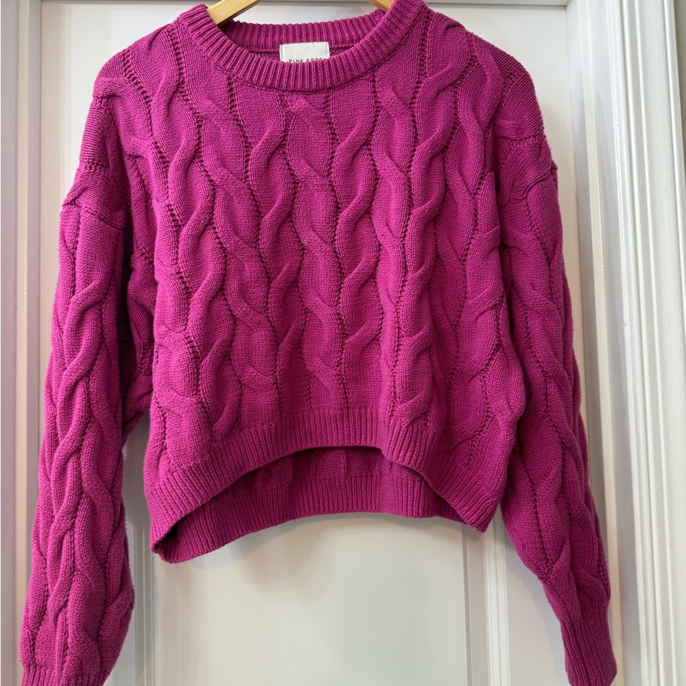 Crop Rose Pink Cable Knit Crew Neck Sweater